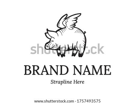 Flying pig with wings. Vector logo design in black and white with text