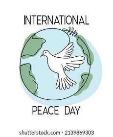 Flying pigeon with a branch . Dove of peace on the background of planet Earth. Hand drawn line sketch.  Bird symbol of hope, emblem against violence and military conflicts.  Vector illustration