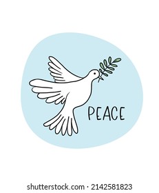 Flying pigeon with branch and leaves. Dove of peace on a background of blue sky. Hand drawn line sketch.  Bird symbol of hope, emblem against violence and military conflicts. Vector illustration