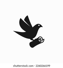 flying pigeon or dove gripping paper roll. post pigeon logo icon