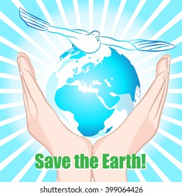 Flying pigeon. Hands is holding small earth. Vector illustration.