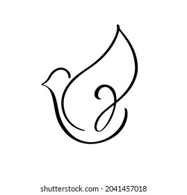 Flying pigeon logo. Hand Drawn calligraphy dove bird brush line. Black and white vector illustration. Concept for icon card, banner poster, flyer.