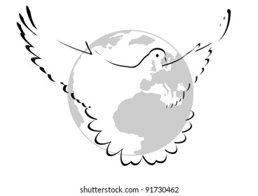 Flying Pigeon on the background of the planet Earth. Black and white illustration.