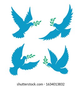 Flying pigeon with peace olive branch. Birds hope symbols vector illustration, doves with branches silhouettes icons isolated on white background