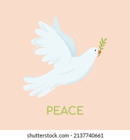 Flying pigeon of peace with olive branch on beige background. Conceptual illustration symbol of no war, world peace. Vector background for International Day of Peace. 