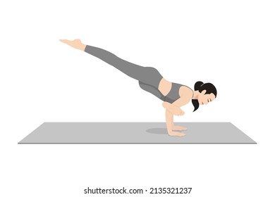 Flying Pigeon Pose. Beautiful girl practice Eka Pada Galavasana. Young attractive woman practicing yoga exercise. working out, black wearing sportswear, grey pants and top, indoor full length