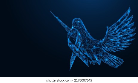 Flying pigeon with a ribbon of hope in its beak. Awareness month. Polygonal design of interconnected lines and points. Blue background.