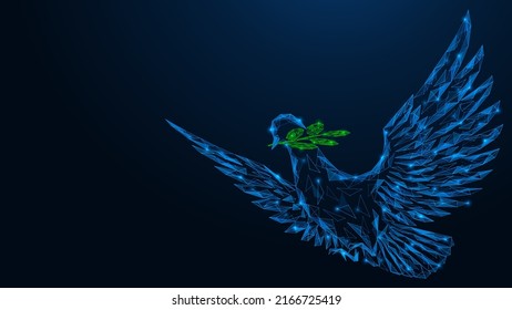 A flying pigeon with a twig in its beak. A symbol of faith and hope. Polygonal design of lines and dots. Blue background.