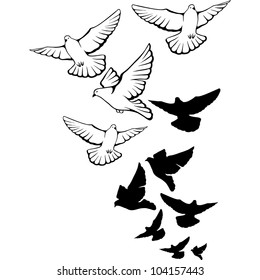 Flying pigeons background. Hand drawn vector illustration.