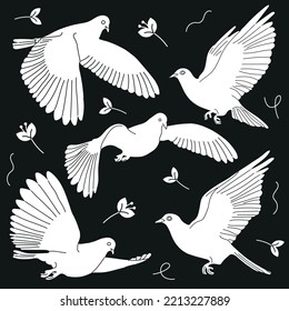 Flying pigeons with an olive branches. White birds silhouettes on black background. Dove of peace. Hand drawn modern Vector illustration.