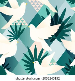 Flying pigeons on a geometric background