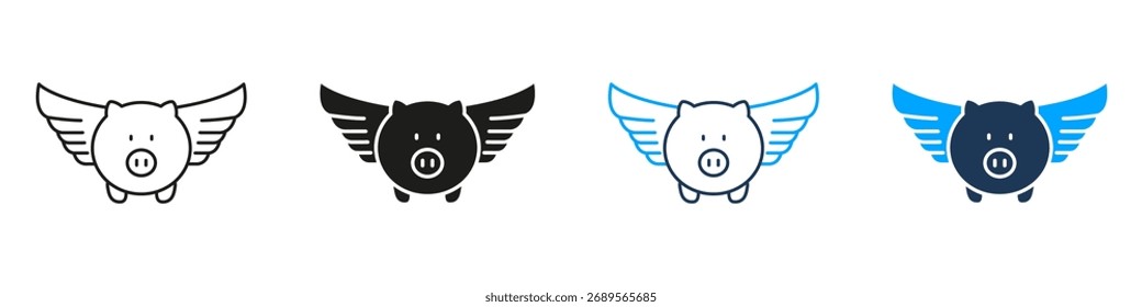 Fliegende Sparschwein-Linie und solides Icon-Set. Finanzielle Freiheit, Ersparniswachstum und die Sammlung von Symbolen für Investitionspotenzial. Creative Wealth Management Konzept. Isolierte Vektorgrafik.