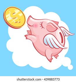 Flying Piggy Bank Pig And Coin. Moneybox (vector Illustration)