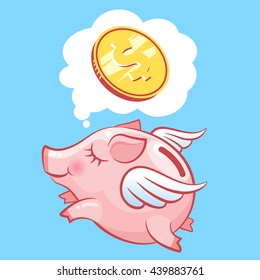 Flying Piggy Bank Pig Dreaming About Money. Moneybox (vector Illustration)