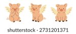 Flying piglets with wings. Cute piglet vector collection illustration for fantasy designs, kids books, and playful farm art