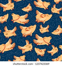 Flying pigs in a dark blue sky. Seamless decorative pattern. Folk art.