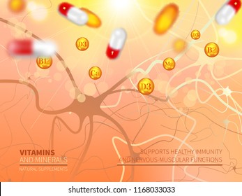 Flying pills and capsules.Vitamins falling drops on background of blurring, sunlight and model of neural system.Concept of deficiency of solar vitamin.Scientific vector background.