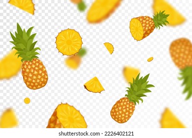 Piñas voladoras, fondo de patrón sin fisuras con frutos de piña enteras y cortados. Piñas que caen con efecto borroso, ilustración realista 3d vectorial, aislada en fondo transparente