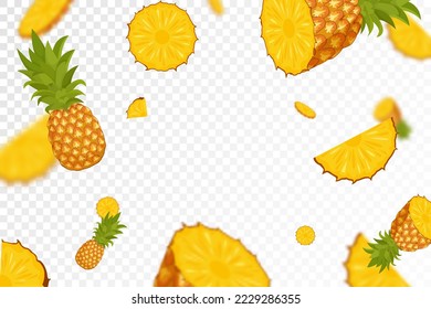 Piñas voladoras, fondo de patrón sin fisuras con frutos de piña enteras y cortados. Piñas que caen con efecto borroso, ilustración realista 3d vectorial, aislada en fondo transparente