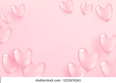 Flying pink balloons on pink background. Valentine`s Day and Mother`s Day celebration card template