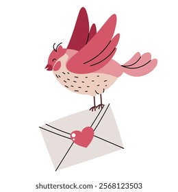 Flying pink bird with an envelope in its paws on an isolated background. Vector illustration for Valentine's day in flat cartoon style.