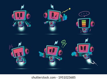 flying pink blue monitor robot mascot character set