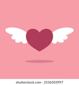 Flying pink heart with white wings in flat style. Vector illustration