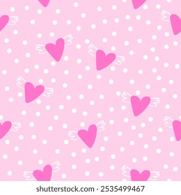 Flying Pink Hearts Seamless Background Pattern with Dots