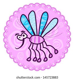 Flying pink mosquito with blue wings on the decorative, pink background.