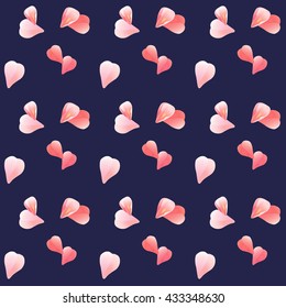 Flying Pink and Red petals. Seamless Pattern on Dark-Blue color background. Vector