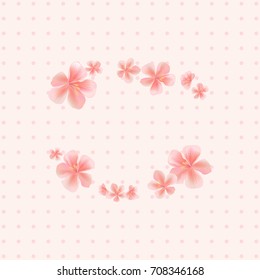 Flying Pink Sakura flowers isolated on Peach Pink dotted background. Apple-tree flowers. Cherry blossom. Vector EPS 10, cmyk