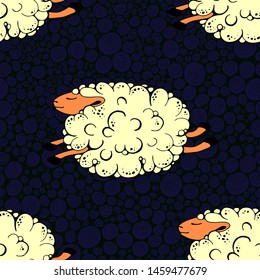 flying pink sheep on dark blue background with curls. dancing sheep. soaring sheep. seamless pattern with sheeps. vector illustration.