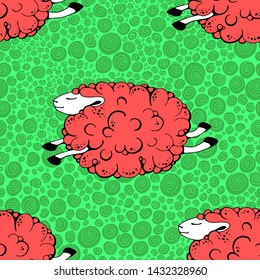 flying pink sheep on a green background with curls. dancing sheep. soaring sheep. seamless pattern with sheeps. vector illustration.