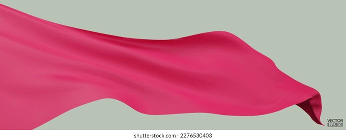 Flying pink silk textile fabric flag background. Smooth elegant pink Satin Isolated on green Background for grand opening ceremony. Pink curtain. 3d vector illustration