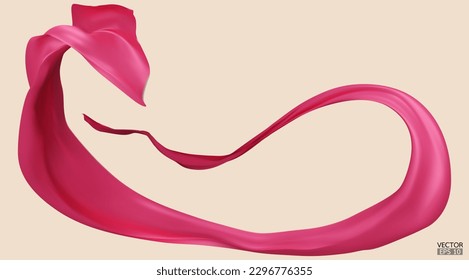 Flying pink silk textile fabric flag background. Smooth elegant pink Satin Isolated on beige Background for grand opening ceremony. Pink curtain. 3d vector illustration