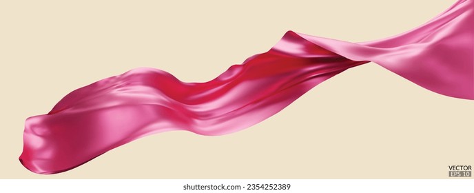 Fliegende rosafarbene Seide, Stofffahne, Hintergrund. Raffinierte, elegante Rosa Satin einzeln auf beigem Hintergrund für große Eröffnungszeremonie. rosafarbener Vorhang. 3D-Vektorgrafik