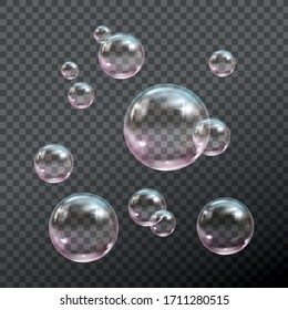 Flying pink transparent soap bubbles on checkered background.Reaistic colored balls.Vector texture.