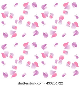 Flying Pink and Violet petals. Seamless Pattern on White color background. Vector