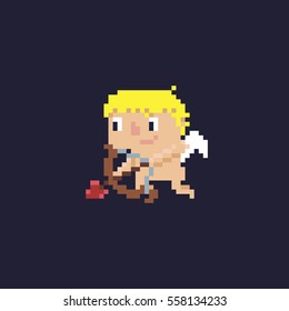 Flying pixel art Cupid aiming with a bow and smiling