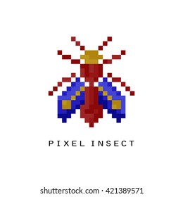 Flying pixel insect icon. Colorful, isolated, simple. 