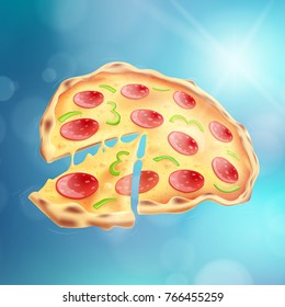 Flying Pizza Blue Bokeh Background EPS10