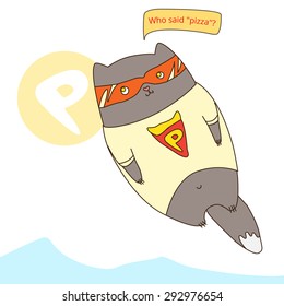 Flying Pizza Cartoon Cat Superhero