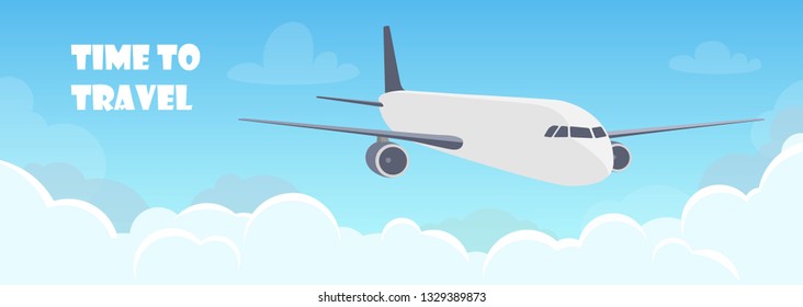 Flying plane above the clouds. Aircraft in the sky. Travel concept illustration for advertising airline, website to search for air tickets, travel agency. Traveling flyer, banner, vector illustration