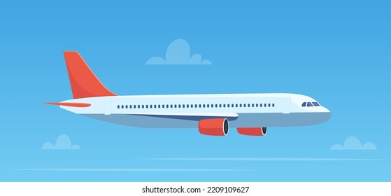 Flying plane above the clouds. Aircraft in the sky. Travel concept illustration for advertising airline, website to search for air tickets, travel agency. Traveling flyer, banner, vector illustration