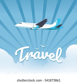 Flying plane above the clouds. Vector travel illustration for your business presentation, card, flyers, banners. Eps 10.