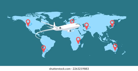Flying plane above world map. Location and travel pinpoints on a global maps. International transportation. Vector illustration.