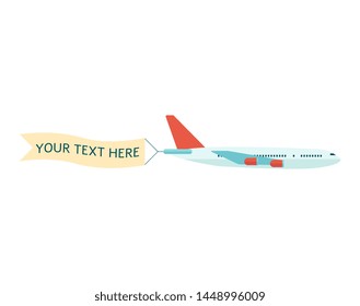 Flying plane with advertising or promotion banner for your text flat vector illustration isolated on white background. Template for a text web banners or printable cards.