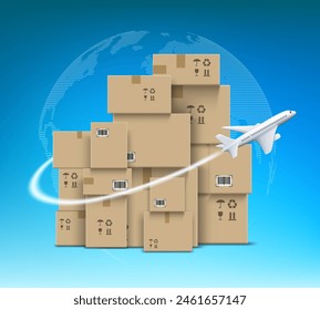 Flying plane against the background of a stack of cardboard boxes. Transportation and delivery of cargo. Stock vector illustration