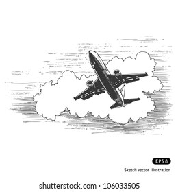 Flying plane against a cloud. Hand drawn sketch illustration isolated on white background