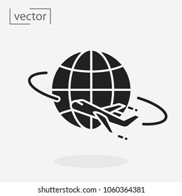 flying plane around the earth icon vector - simple icon, flat design vector illustration 